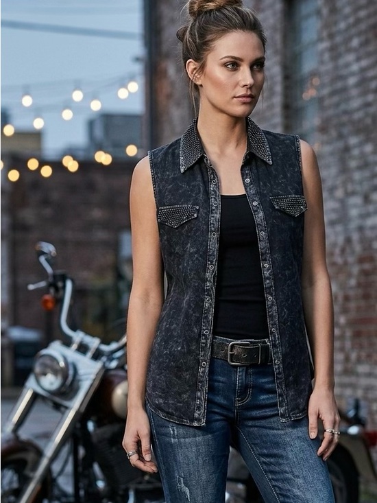 Vocal Tops - Vocal Black Mineral-Wash Sleeveless Studded Button-Down Shirt - Biker Apparel